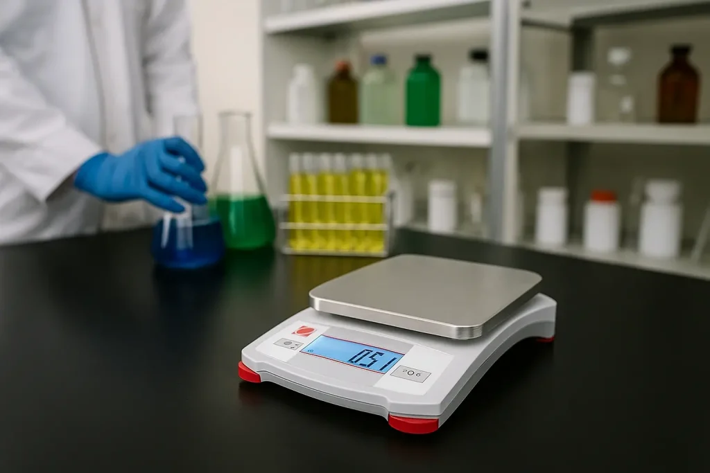 Laboratory bench scale used for precise weighing of chemical samples.