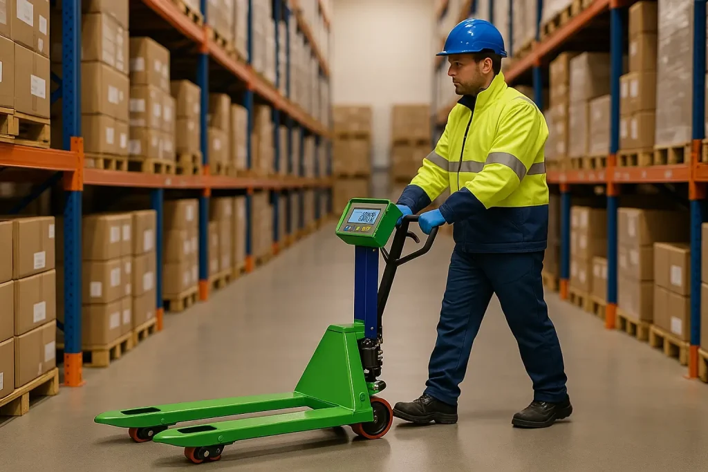 Warehouse worker using industrial scales to weigh goods in a storage facility.