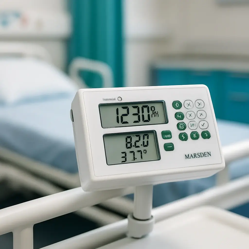 Digital medical scales mounted to a hospital bed for accurate patient weight measurement.