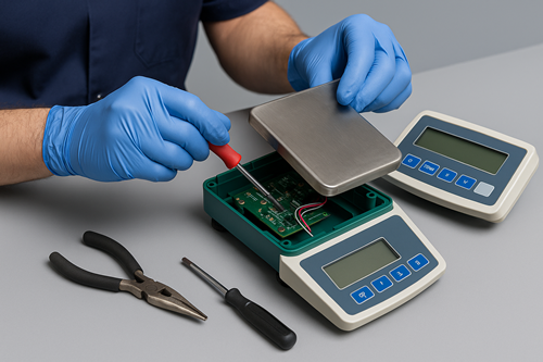 Technician carrying out scale repair services on a digital weighing scale using specialist tools.