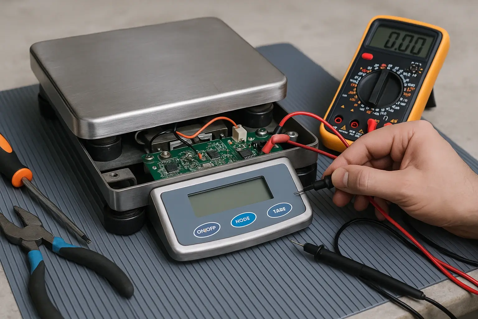 Technician testing electronics during scale repair services on a digital weighing scale.
