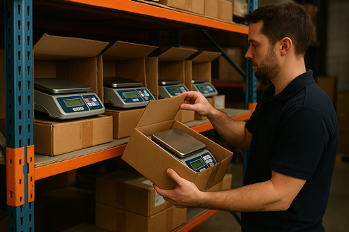 Warehouse worker handling a boxed digital weighing scale on a storage shelf with multiple packaged scales in the background.